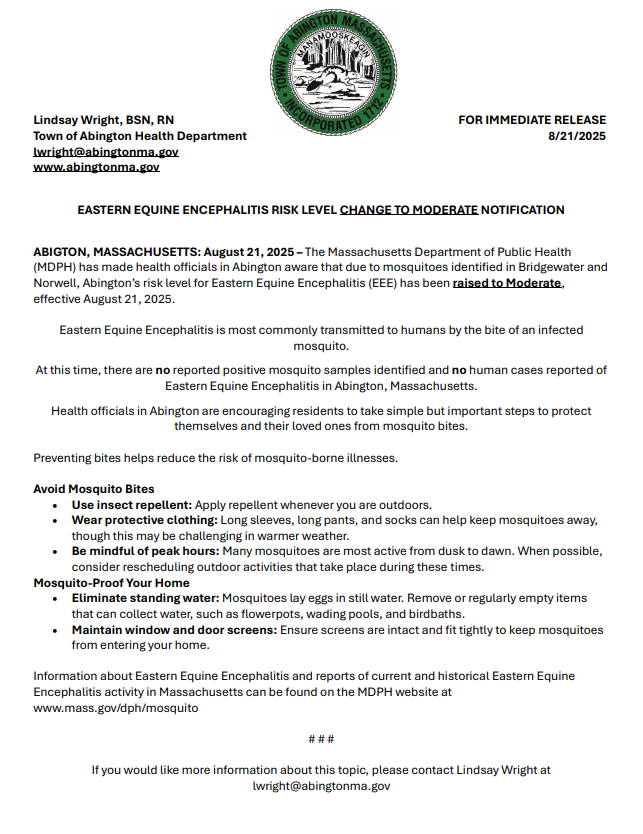 Eastern Equine Encephalitis Risk Level Update: Moved To Moderate for Abington