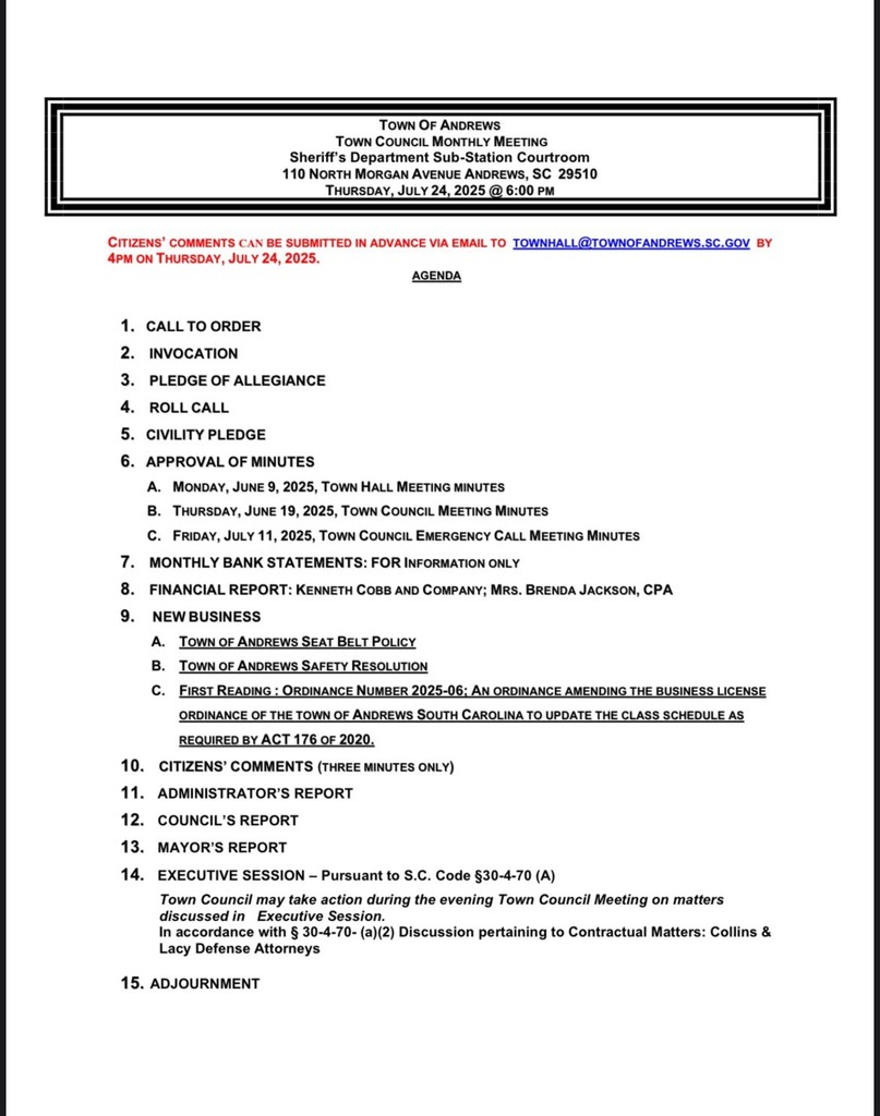 July 24, 2025 Regular Town Council Meeting Agenda