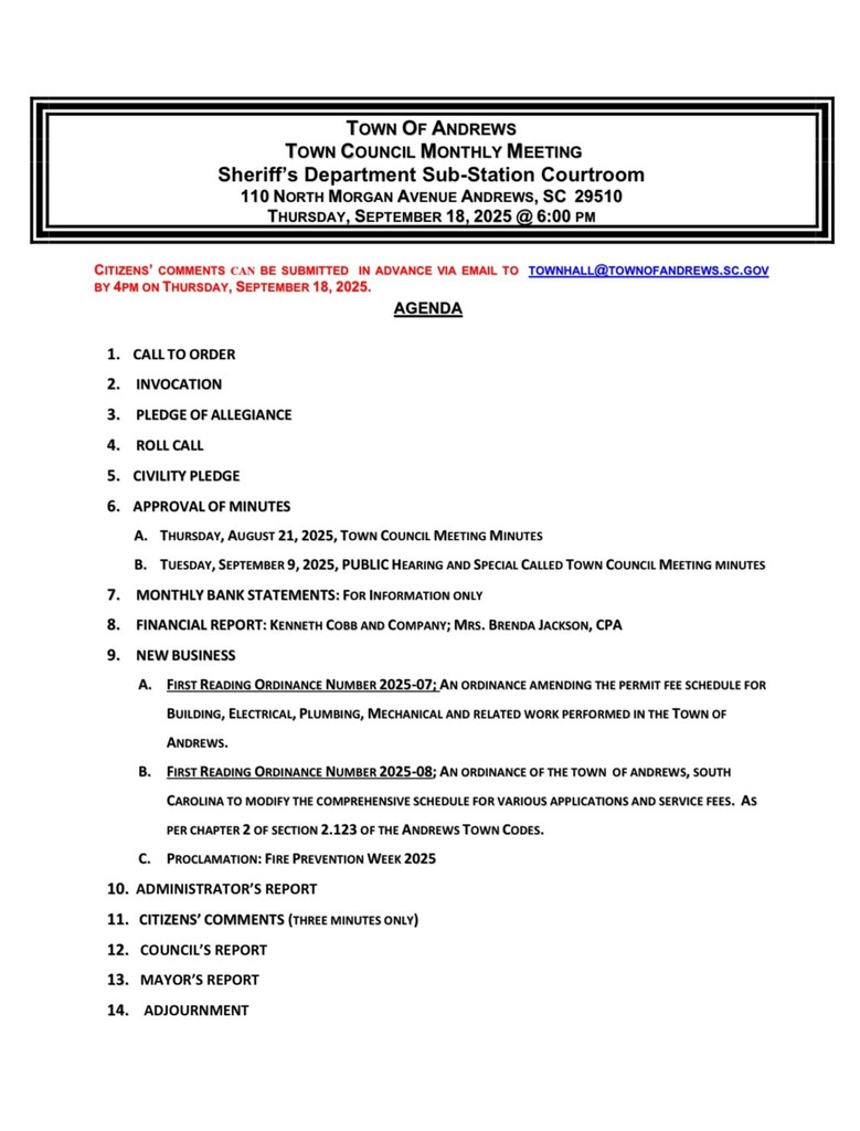 SEPTEMBER 2025 TOWN COUNCIL AGENDA