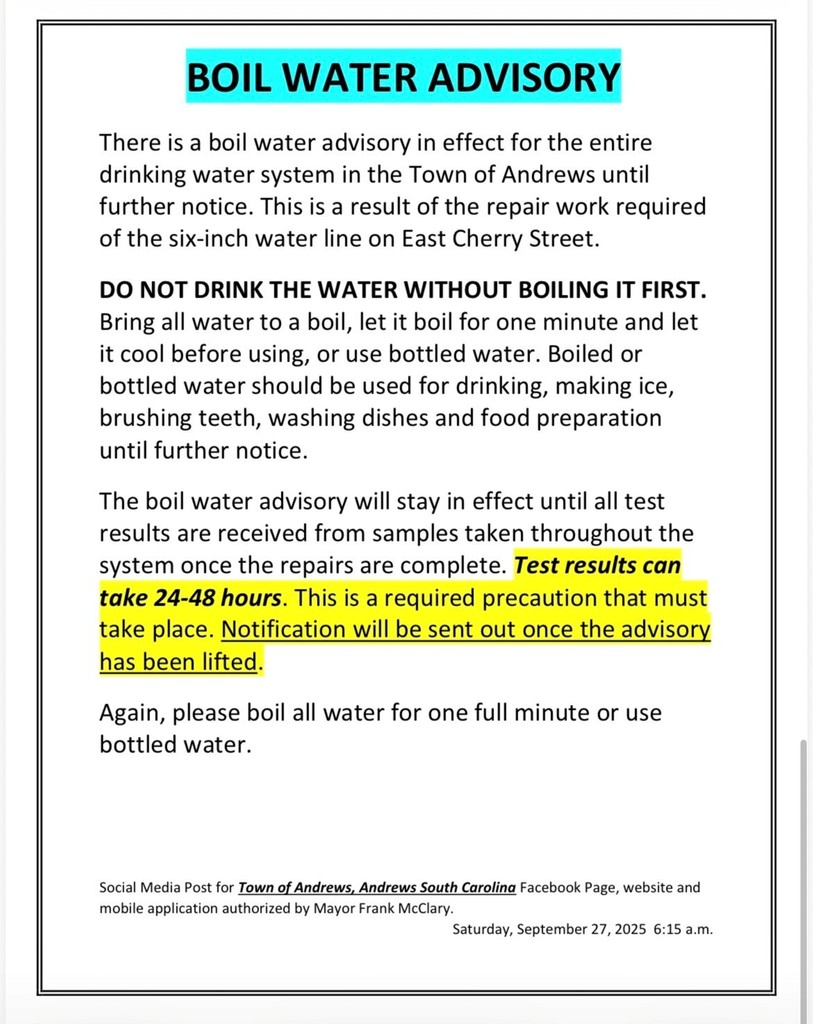 Boil water advisory for whole system effective as of 6:15 am on Saturday, September 27, 2025