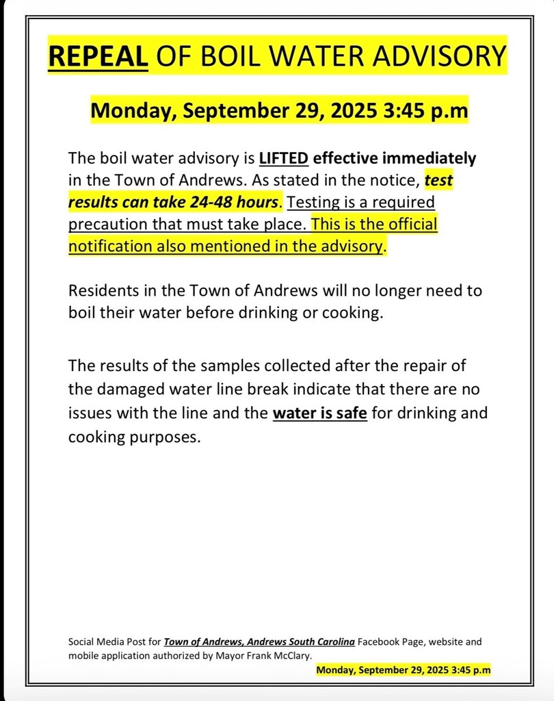 Boil water advisory LIFTED at 3:45 pm on Monday, September 29, 2025