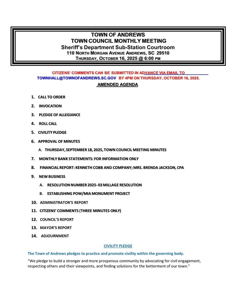 Oct 2025 Regular Monthly Council Meeting Agenda