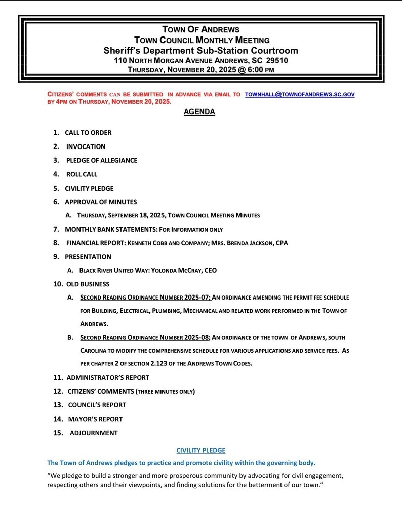 November 20, 2025 Town Council Agenda