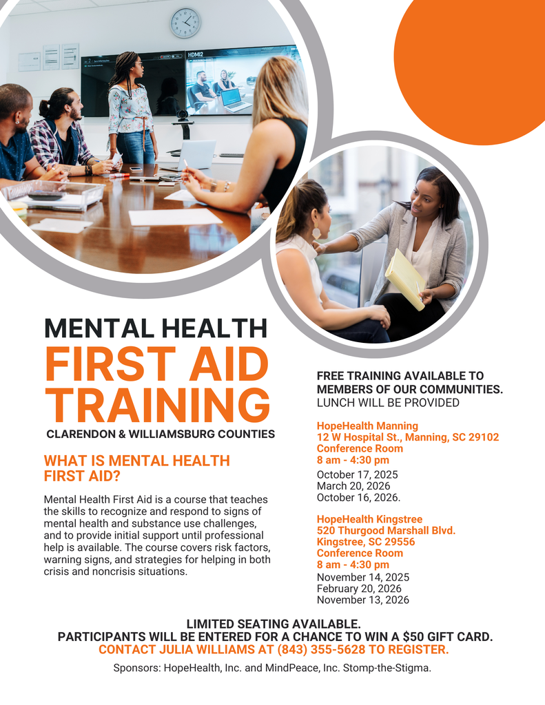HopeHealth is hosting a series of FREE Mental Health First Aid Training. Learn how to recognize the signs of a challenge/episode, identify risk factors, and how to be of assistance. 