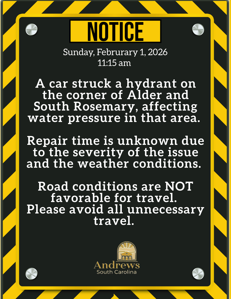 A car struck a water hydrant on the corner of S. Rosemary and Alder. Repair time is unknown. Please stay off of the roads.