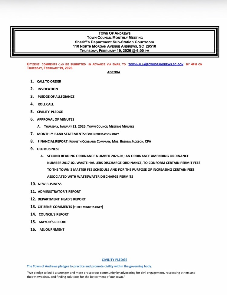 February Regular Monthly Town Council Meeting Agenda