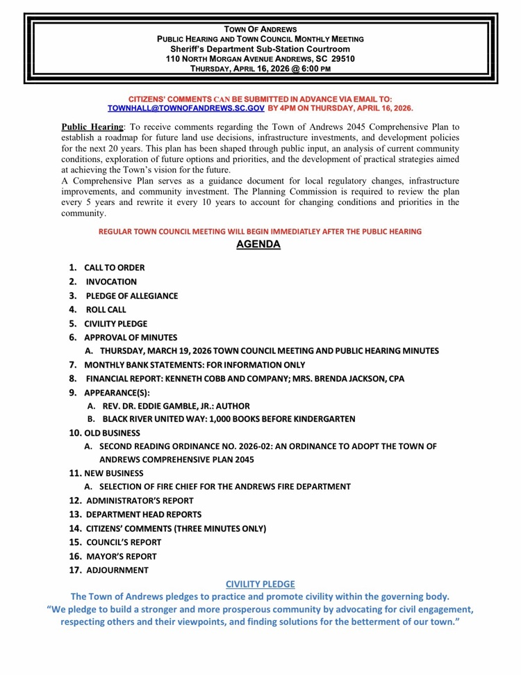 April 16, 2026, Regular Town Council Meeting Agenda