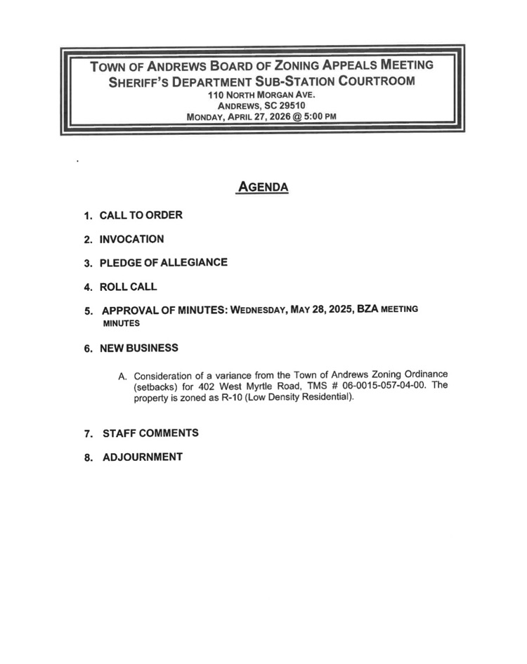 Board of Zoning Appeals Meeting on Monday, April 27, 2026. 