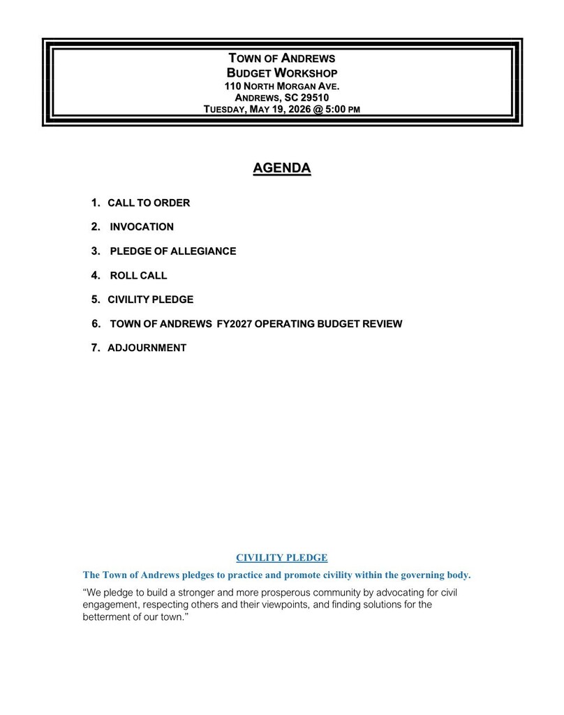 Budget Workshop: Tuesday, May 19, 2026 at 6 pm