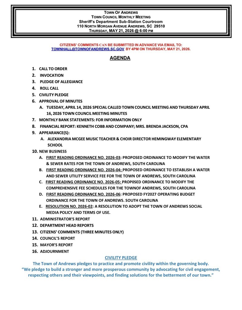 Regular Town Council Meeting Agenda: Thursday, May 21, 2026