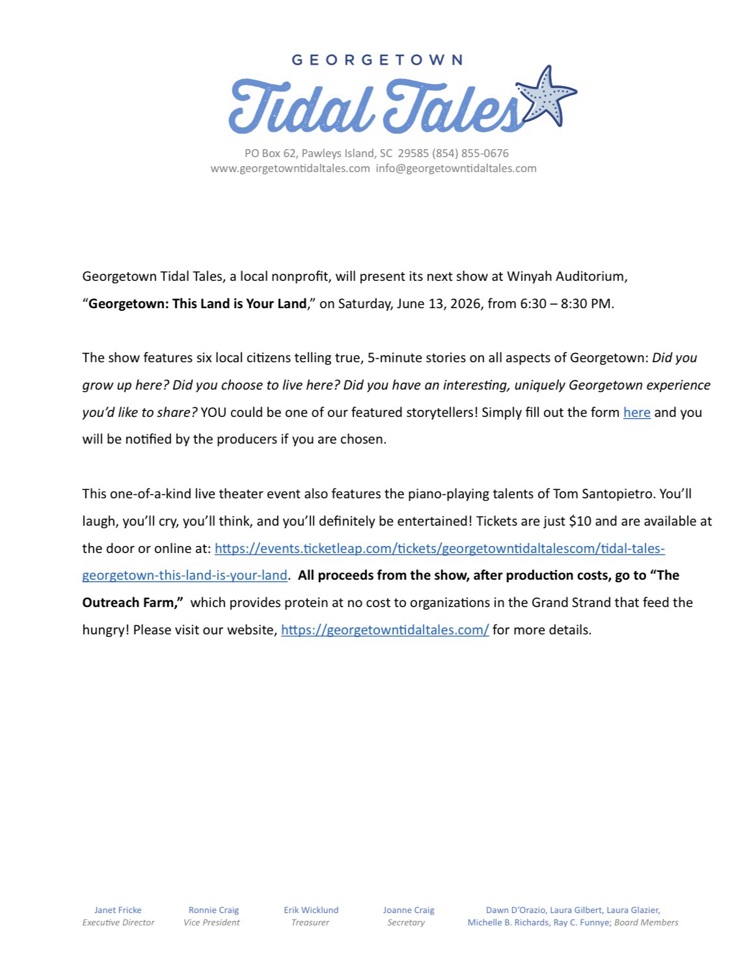 Join Georgetown Tidal Tales on Saturday, June 13, 2026, for a captivating evening of storytelling while supporting The Outreach Farm. Hope to see you there! https://www.facebo
