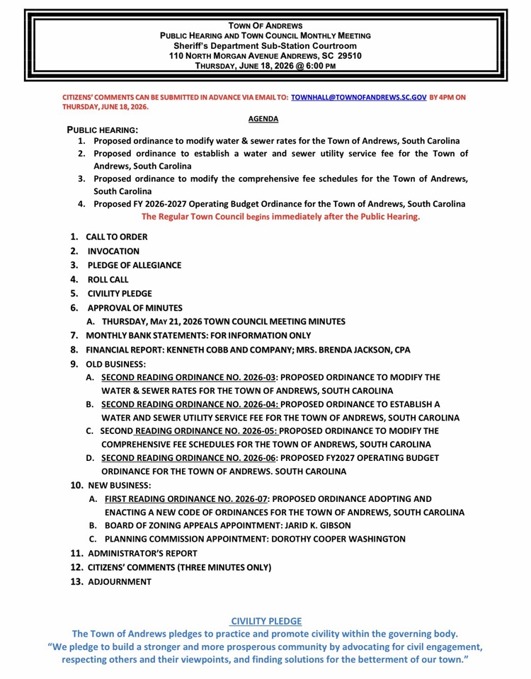Public Hearing and Regular Monthly Meeting Town Council Agenda