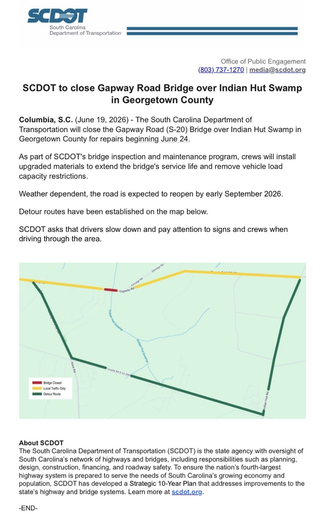 SCDOT Road/Bridge Closure Notice