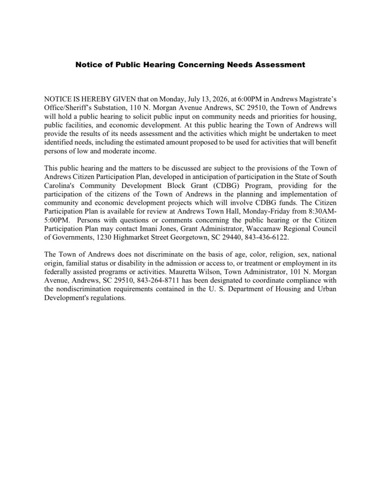 Community Development Block Grant (CDBG) Needs Assessment Public Hearing: Monday, July 13, 2026.