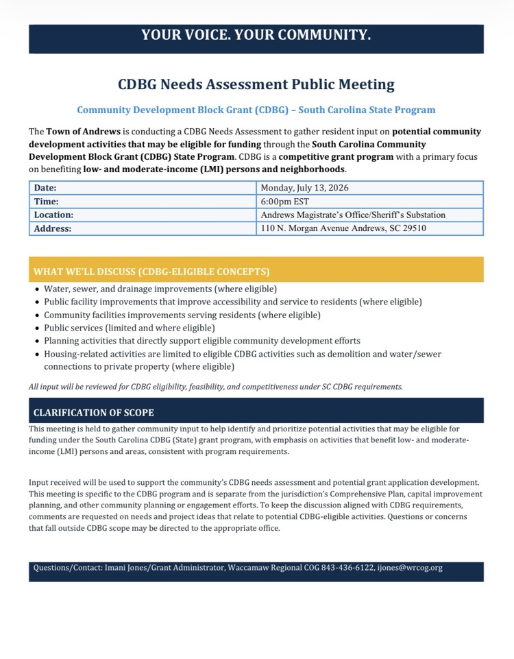 Community Development Block Grant (CDBG) Needs Assessment Public Hearing: Monday, July 13, 2026.