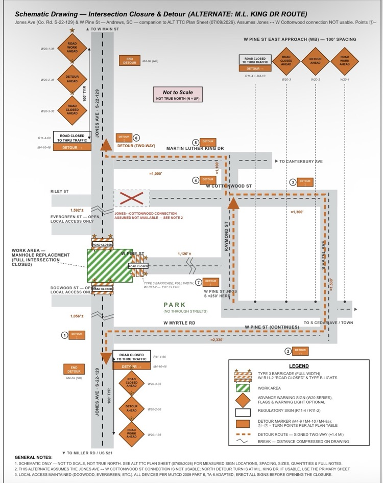 This is the SCDOT-approved detour plan for the temporary closure of the intersection of Jones Avenue and W. Pine Street from July 20th-24th. 