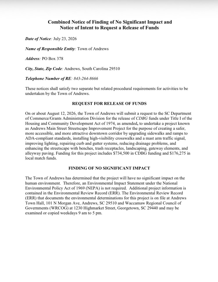 Combined Notice of Finding of No Significant Impact and   Notice of Intent to Request a Release of Funds