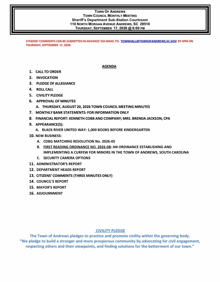 Regular Monthly Town Council Meeting Agenda: Thursday, September 17, 2026, at 6 pm.