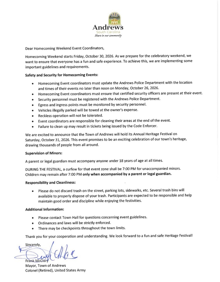 Notice to Homecoming Event Coordinator for safety requirements