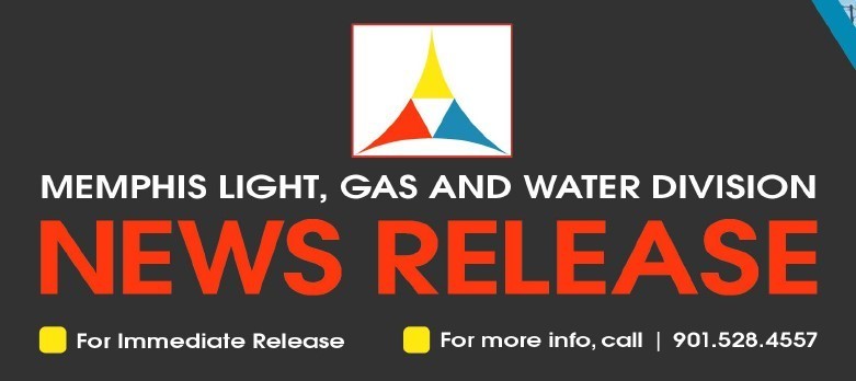 Black background with Memphis Light, Gas and Water Division name and logo. News Release is below in red letters. Bottom includes a phone number for more info: 901.528.4557