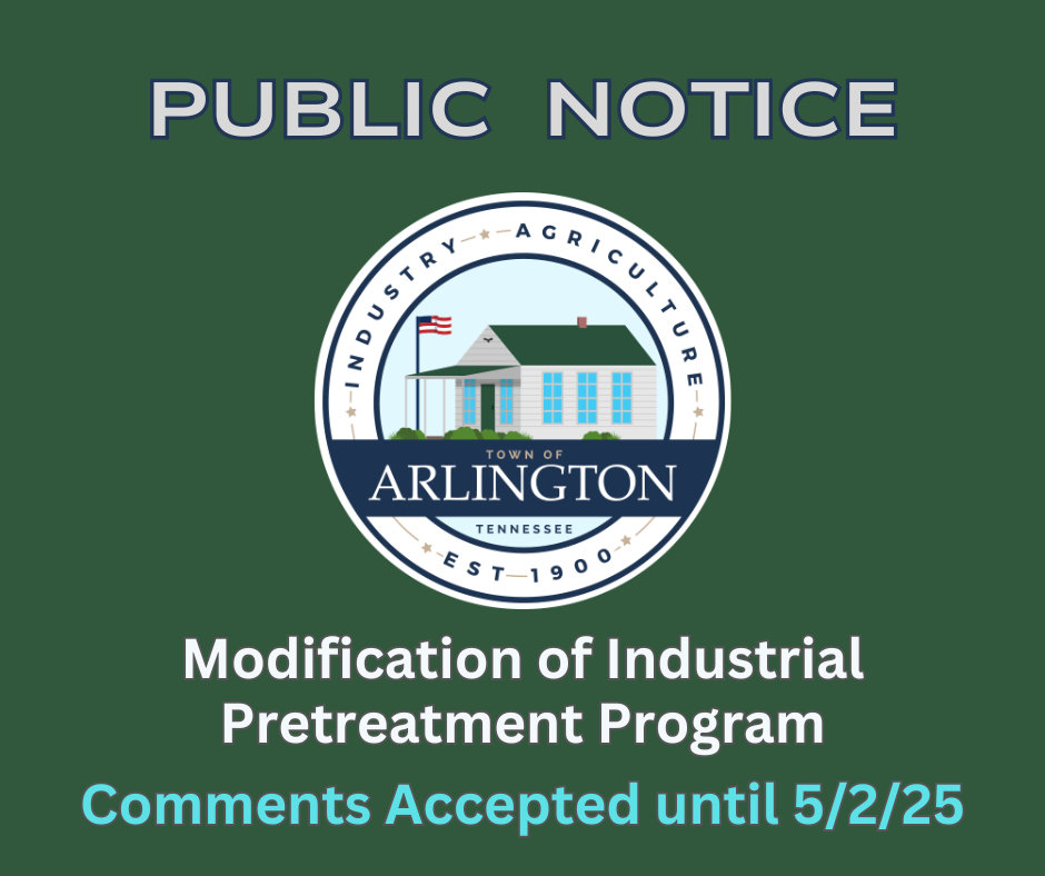 Green slide with Town of Arlington seal in center. Words at top of slide in gray say: Public Notice. Words at the bottom say: Modification of Industrial Pretreatment Program. Comments accepted until 5/2/25