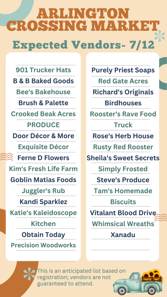 List of anticipated vendors for Arlington Crossing Market on July 12.