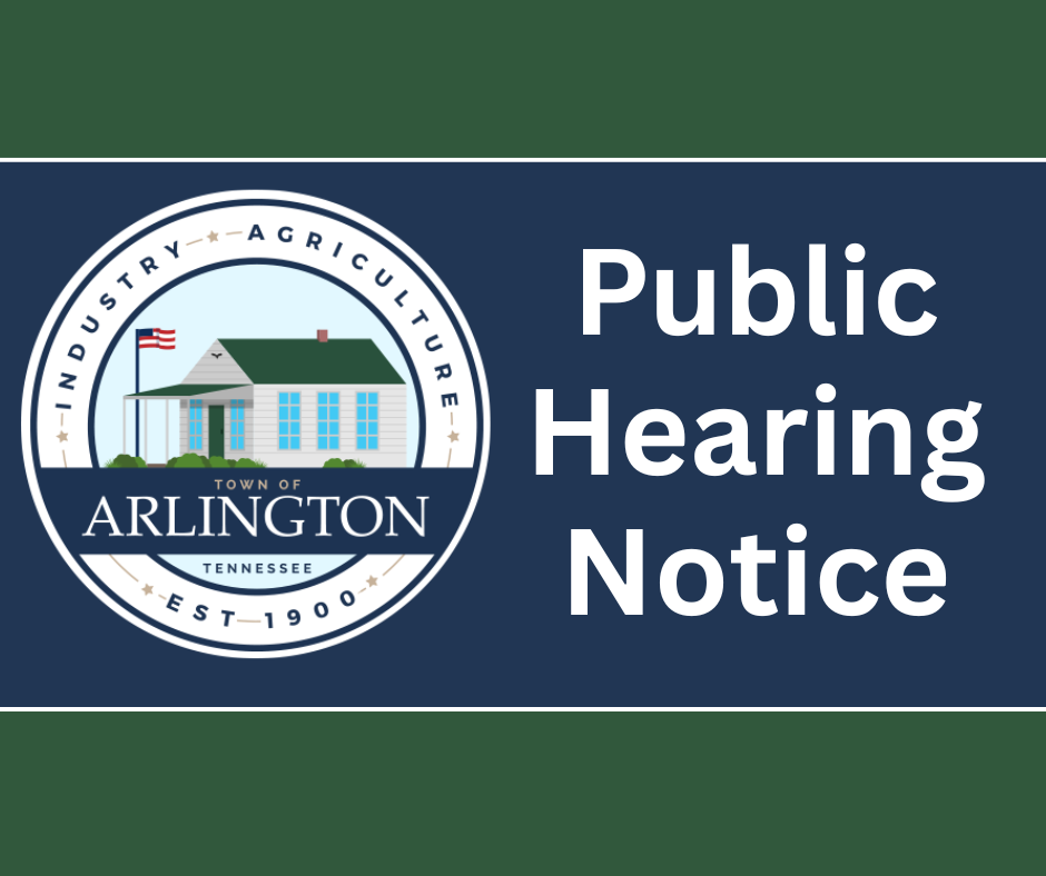 Graphic with green background and dark blue horizontal stripe in center. White text on stripe says Public Hearing Notice. A round white and blue seal with a house and flag for Town of Arlington is beside the text