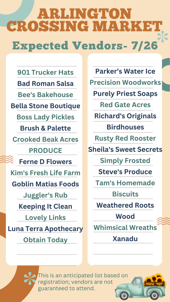 List of anticipated vendors for Arlington Crossing Market on July 26
