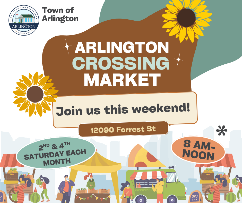 Arlington Crossing Market in brown shape surrounded by 2 sunflowers. Text in boxes below say Join us this weekend, 12090 Forrest Street. Cartoon vendors in pastels along bottom with two ovals, a blue one says 2nd & 4th Saturday each month, and a peach one says 8am-noon
