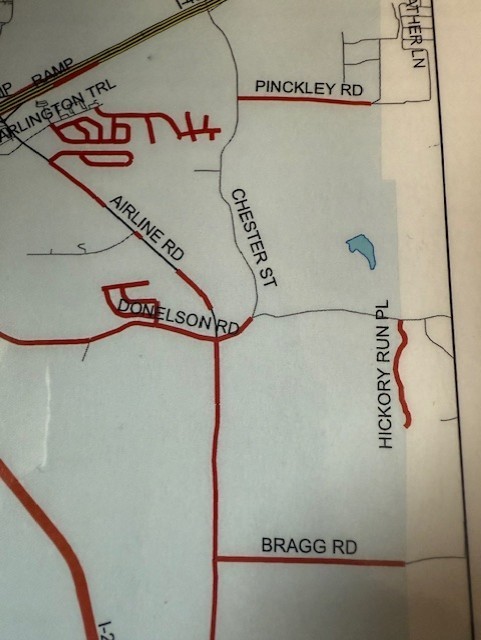 Picture of a section of road map with several roads highlighted in red, including Pinckley Rd, Bragg Rd, Donelson Rd, and Hickory Run Pl