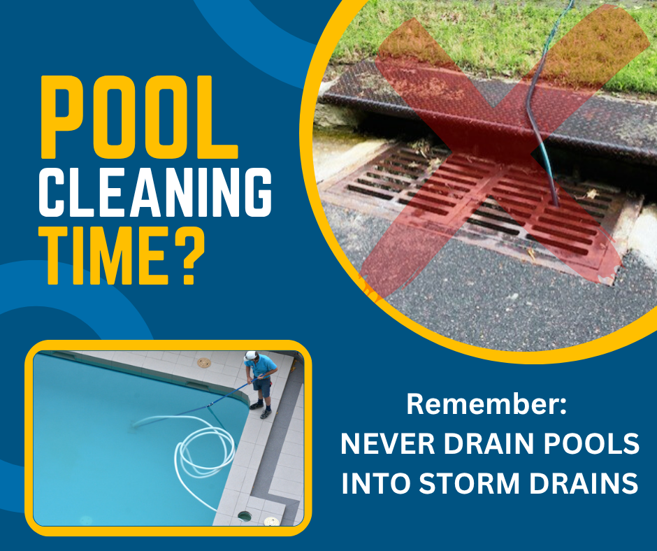 Blue and yellow graphic with picture of person cleaning a pool and a hose draining into a storm drain in the street. Message says to never drain pools into storm drains.
