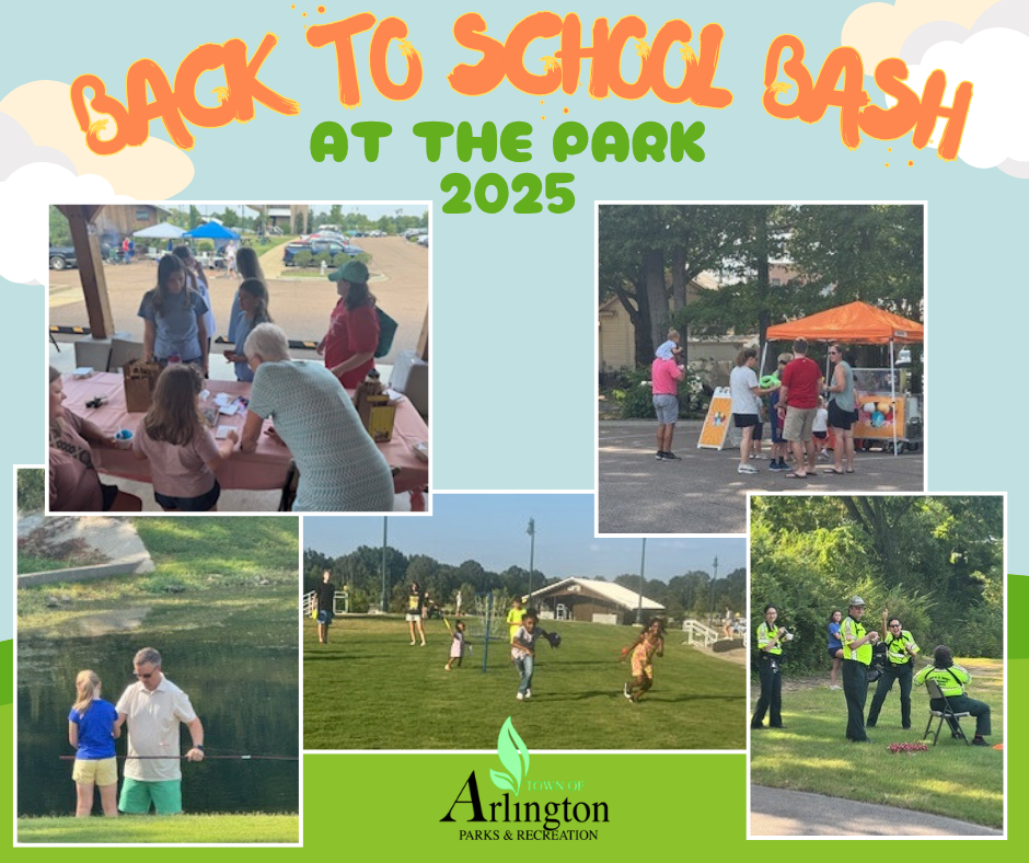 Green and Orange Back to School Bash at the Park 2025 graphic with 5 photos of event showing kids and families doing crafts, fishing in a pond, playing in the park, getting italian ice, and SCSO volunteers waving hi