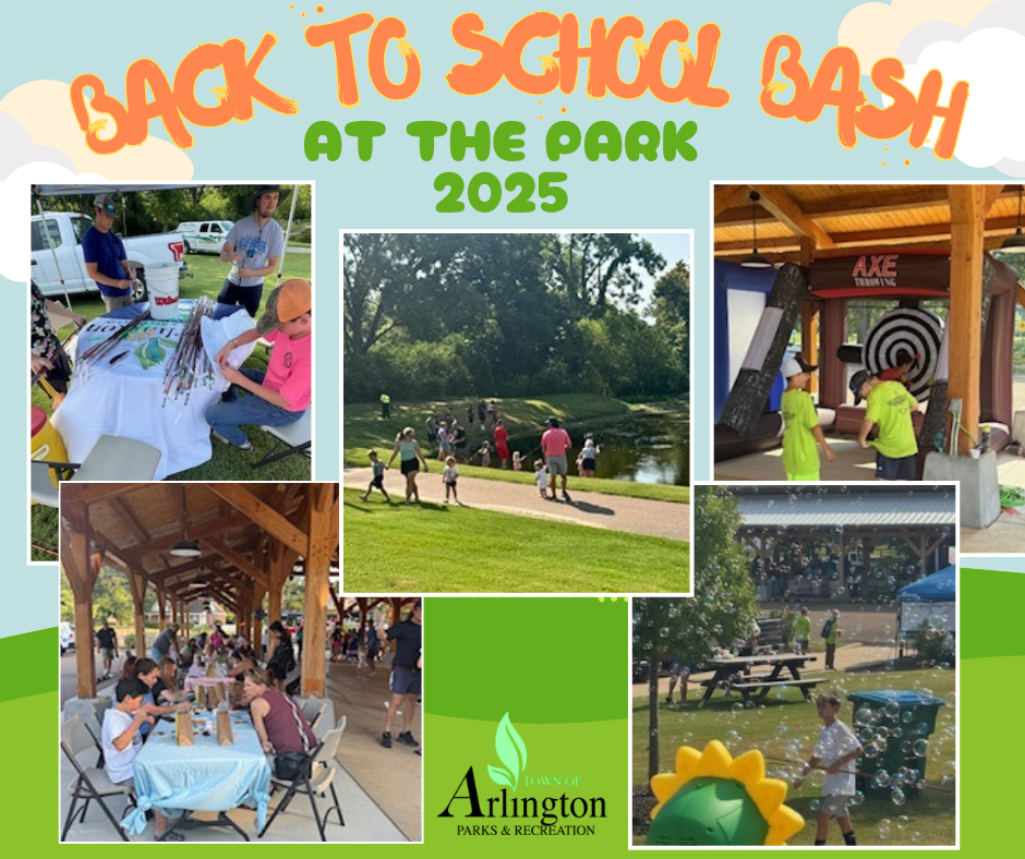 Green and Orange Back to School Bash at the Park 2025 graphic with 5 photos of event showing kids and families doing crafts, fishing in a pond, playing blow up ax throwing game, and playing in bubbles in the park