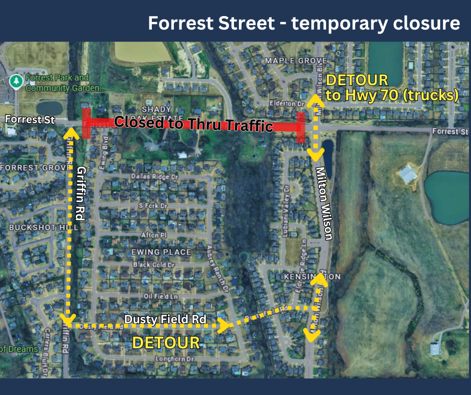 Aerial map showing portion of Forrest Street and a temporary closure between Griffin and Milton Wilson. Detour routes direct traffic to cross between the two streets on Dusty Field Road while Forrest is closed