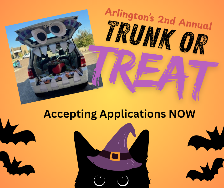 Trunk or Treat graphic noting applications are now being accepted for the Arlington 2nd Annual event. Includes a picture of the trunk of a white suv decorated with big googly eyes and teeth. Includes cartoon bats and a black cat in a witches hat for the theme.