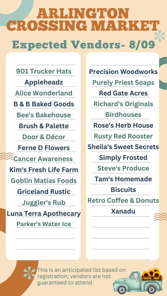 List of anticipated vendors at August 9 Arlington Crossing Market.