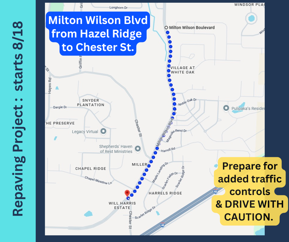 Two-tone blue graphic with map of Milton Wilson Blvd in Arlington TN, showing upcoming paving extending from Hazel Ridge to it's southern intersection with Chester Street, west of Harrel Ridge neighborhood