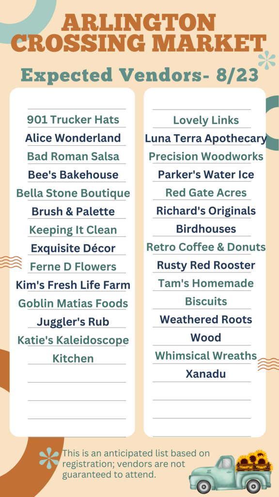 List of anticipated vendors at August 23rd Arlington Crossing Market.