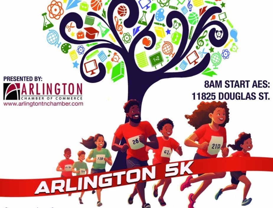 Flyer for arlington 5k with people in race bibs running toward a red Arlington 5k ribbon, presented by the Arlington Chamber of Commerce