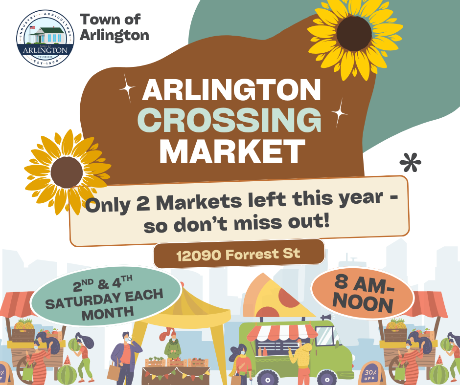Graphic for Arlington Crossing Market - noting there are only 2 markets left this year, so don't miss out. Details point out they're from 8am-noon, 2nd and 4th Satuday of month, located at 12090 Forrest St