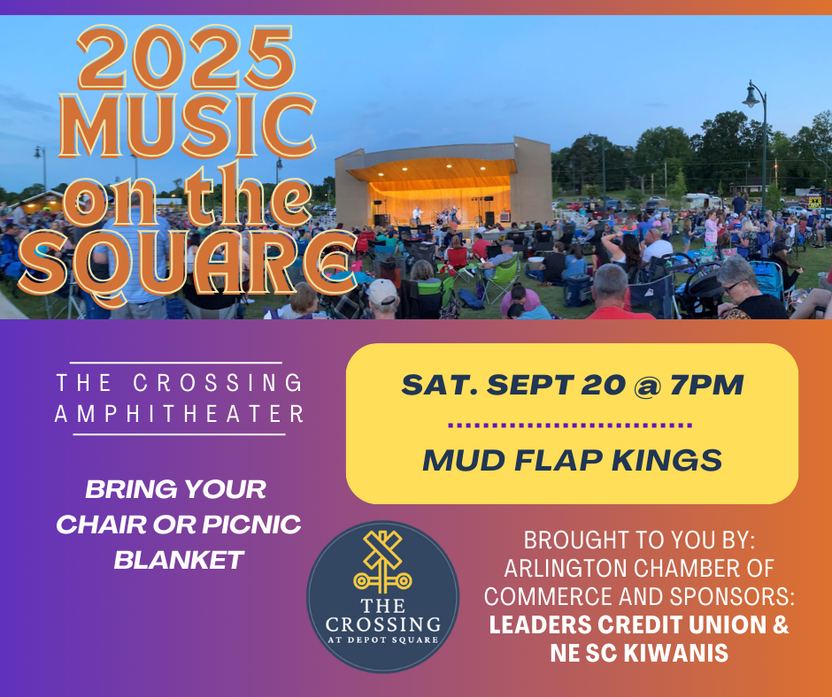 Poster for 2025 Music on the Square in Arlington. Saturday, september 20 at 7pm  - Mud Flap Kings will be playing. Bring your chair or picnic blanket. Picture shows a crows of people in lawn chairs watching a band on an amphitheater stage