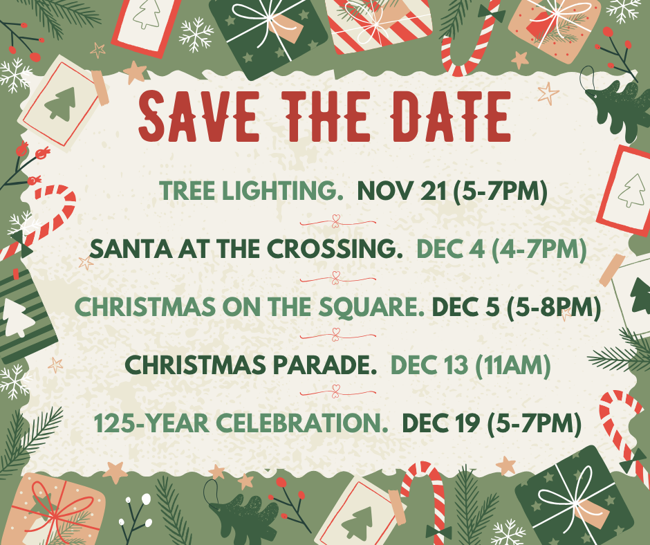 Holiday Save the Date graphic with gifts, cards and greenery around border. Includes 5 holiday events with dates and times from Nov 21-Dec 19.