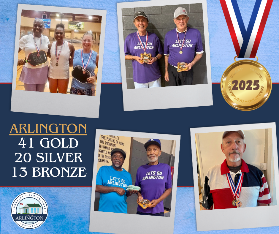Graphic with 4 polaroid pictures of seniors wearing sr olympic medals. text says "Arlington - 41 Gold, 20 Silver, 13 Bronze." A medal on right side says 2025, and the round blue and white Town of Arlington TN seal is in bottom left