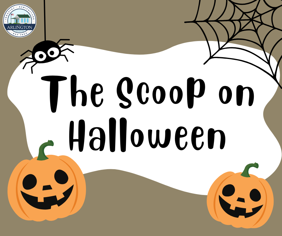 Halloween themed slide that says "The Scoop on Halloween" and has 2 pumpkins, a spiderweb, and cartoon spider.