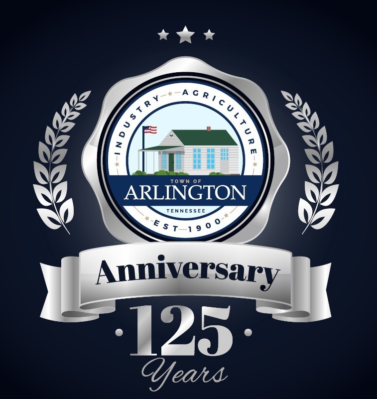 Round blue and white town of arlington tn logo, surrounded by silver decorations and stars. below the seal a silver banner reads "Anniversary" and in silver text below is "125 Years"