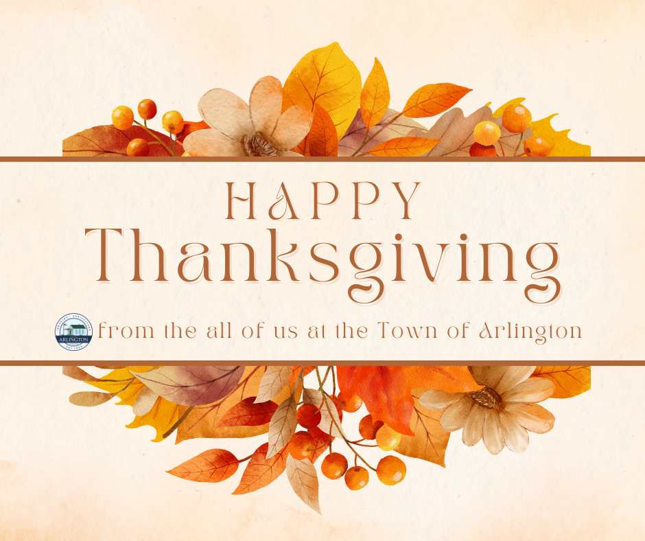 Brown and Orange Leaves Watercolor Happy Thanksgiving Facebook Post from all of us at the Town of Arlington