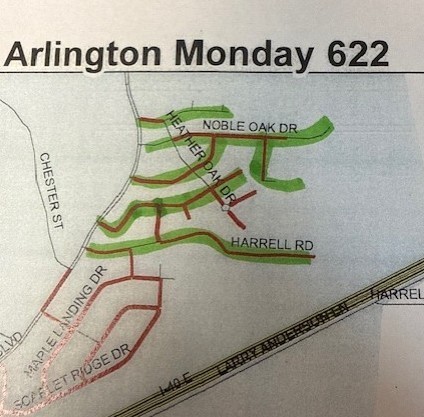 Section of map labelled "Arlington Monday 622" with several roads highlighted in Green - including Noble Oak, Heather Oak, and Harrelll Road