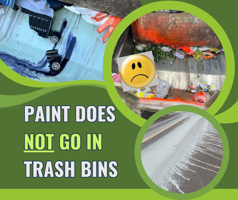 No Paint in Trash graphic, with green background and 3 pictures of wet paint on road and the back of a trash truck. Text Says Paint does not go in trash bins.