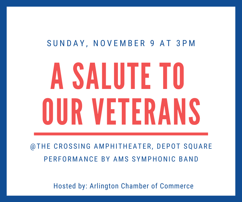 Red and blue simple Veteran Day Greeting Facebook Post, for Sunday november 9 at 3pm, at the Crossing Amphitheater with a performance by AMS Symphonic band. hosted by the arlington chamber of commerce