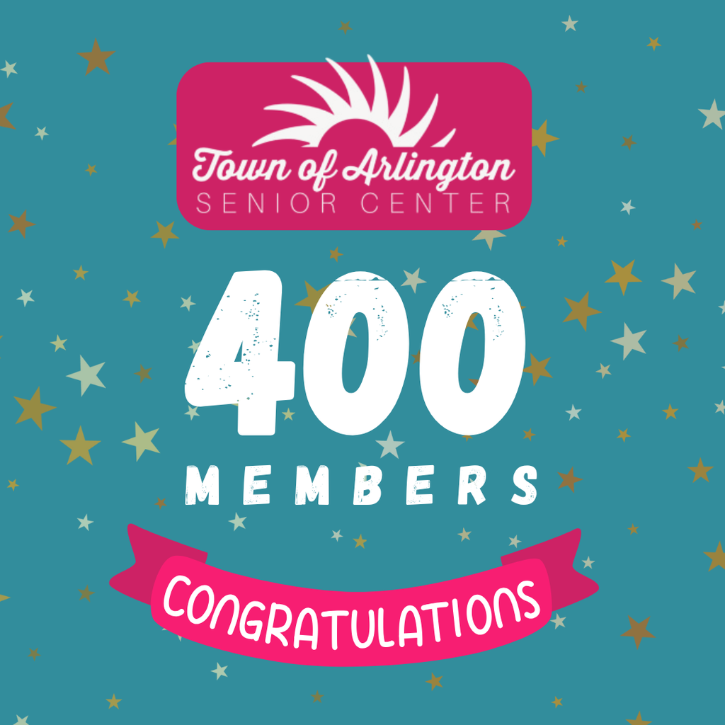 Milestone Celebration for the town of arlington senior center - 400 members. with pink congratulation banner, blue background with yellow and white stars